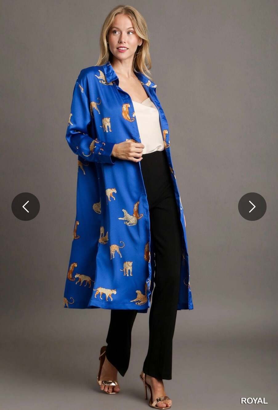 Umgee Women's Royal Blue Satin Cheetah Print Long Sleeve Button Down Shirt Dress